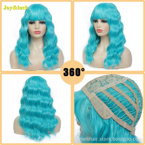 wholesale prices blue wig for women party 18 inch medium length wig with bangs natural water wave cosplay synthetic hair wigs